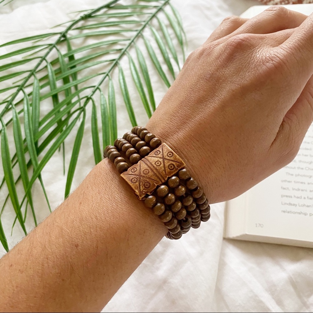 Wooden Layered Beaded Tribal Elastic Bracelet